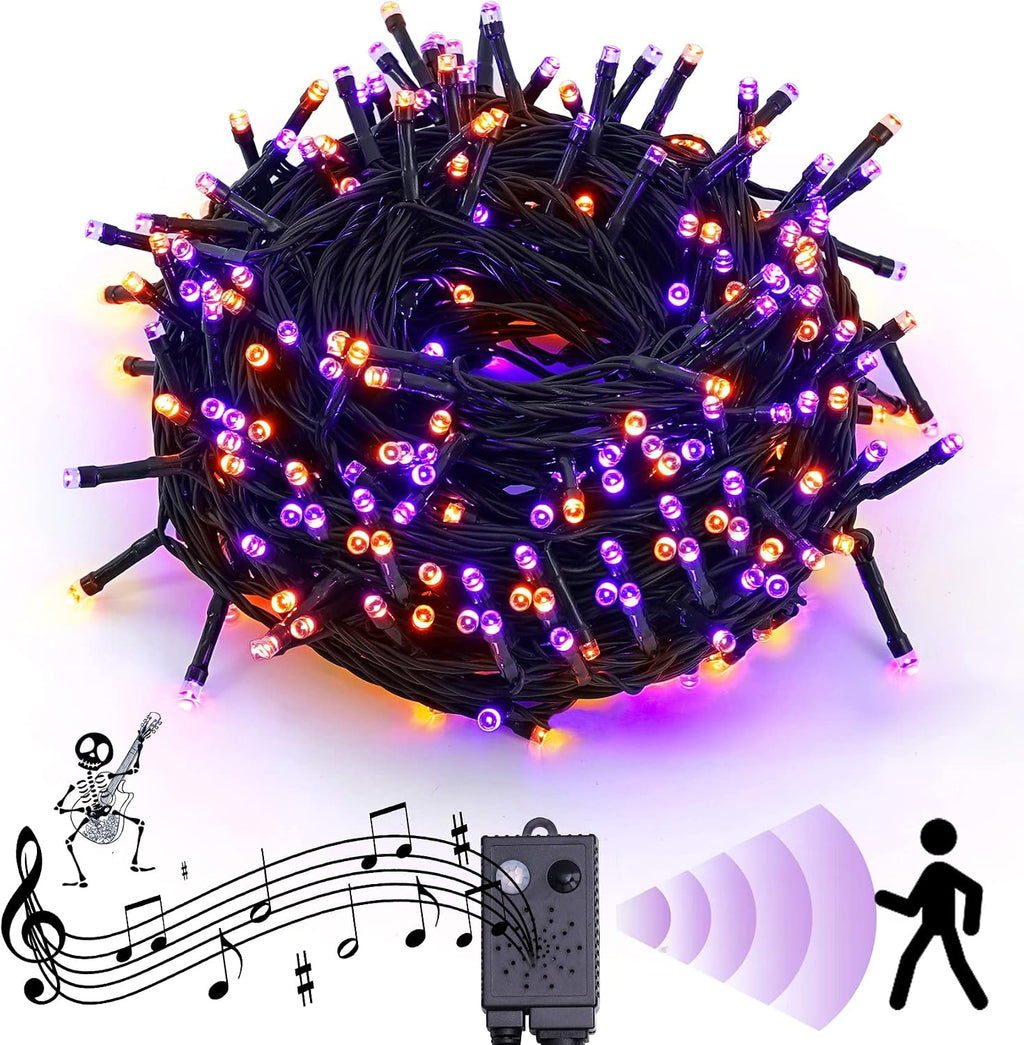 Rotu Halloween String Lights Outdoor with Music Sync Spooky Sounds 300 LED 114.8ft Indoor Fairy String Lights Waterproof Function for Halloween Party Haunted House Decorations (Purple & Orange)