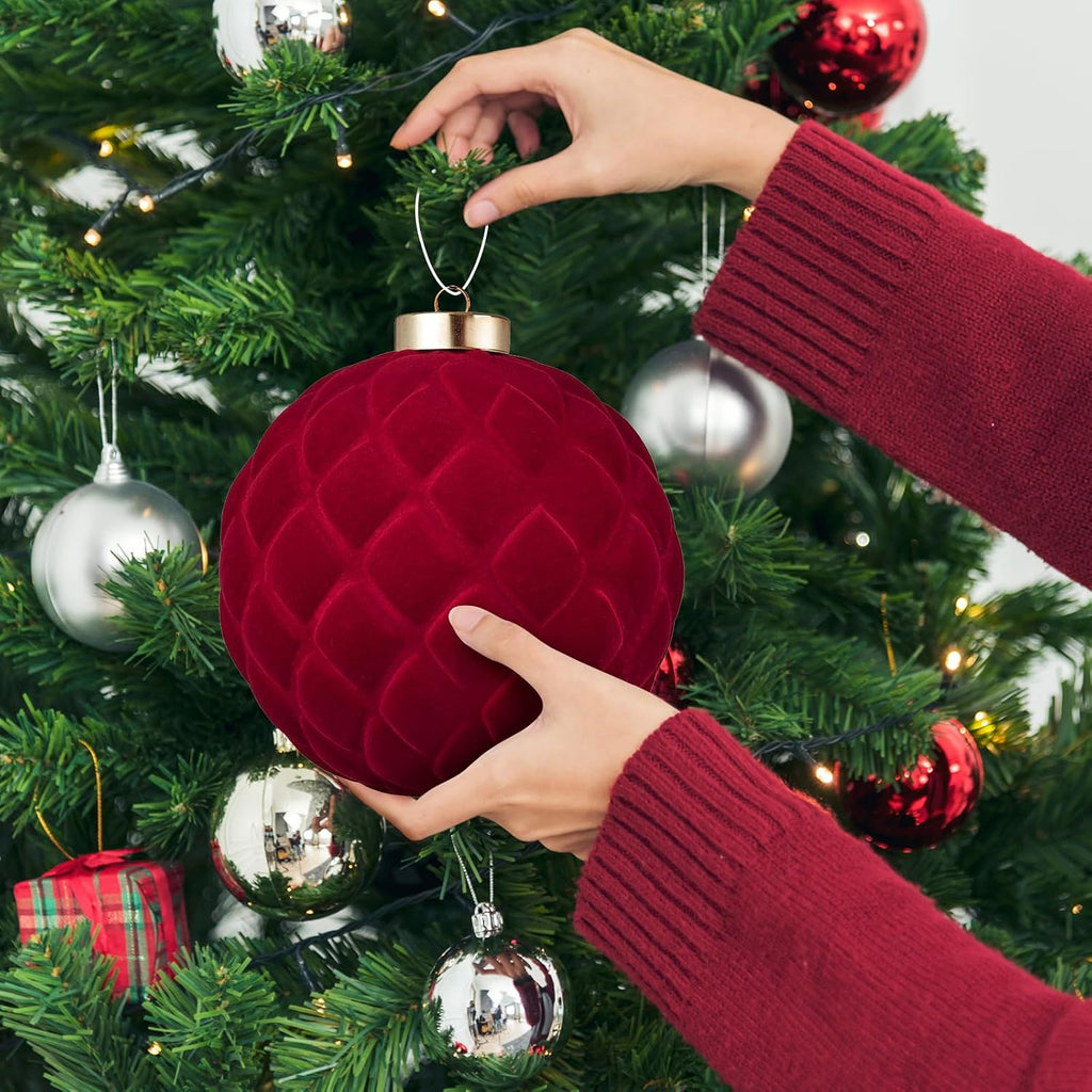 Large Velvet Christmas Ball Ornaments - 6 Inch Flocked Christmas Balls Shatterproof Decorative Hanging Ornaments Set for Xmas Tree Holiday Wedding Party Decor (Burgundy, 2pcs)