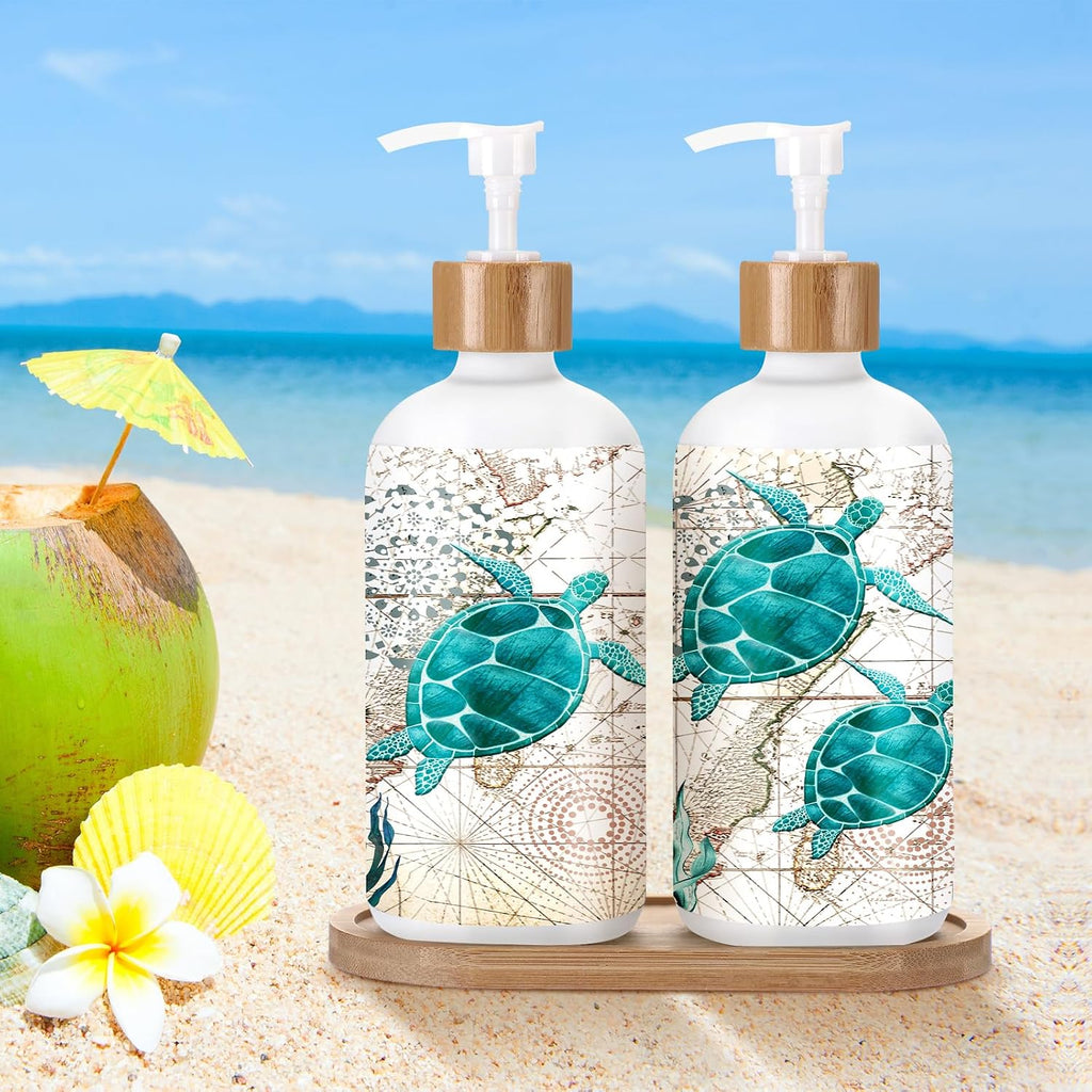 Potchen 2 Pack Sea Turtle Soap Dispenser, Beach Ocean Glass Bathroom Decor