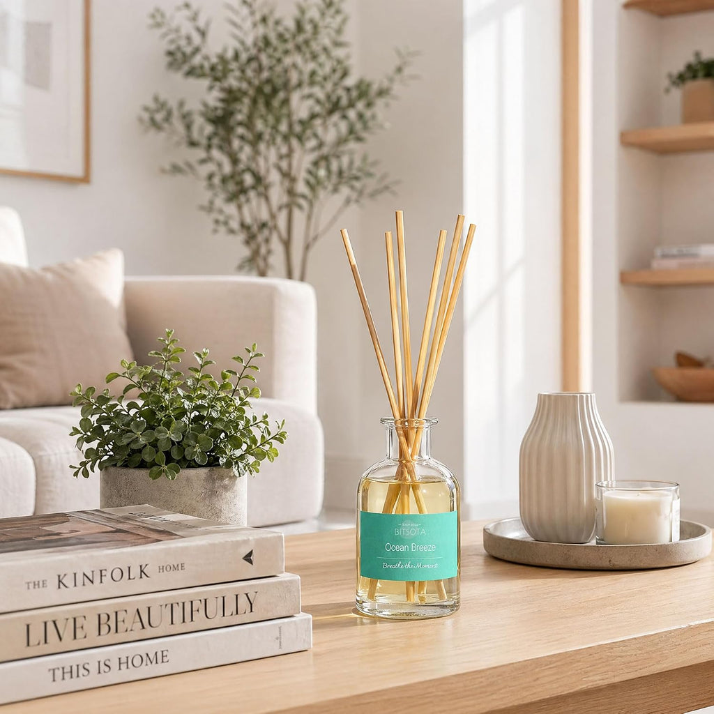 Natural Reed Diffuser Set, Ocean Breeze 3.52 oz (100ml) Scented Diffuser with Sticks Home Fragrance Reed Diffuser for Bathroom Shelf Decor, Ideal Gift for Woman