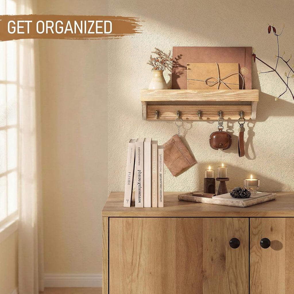 Rebee Vision Key Holder Wall Mount with Shelf for Room Decor, Natural Wood
