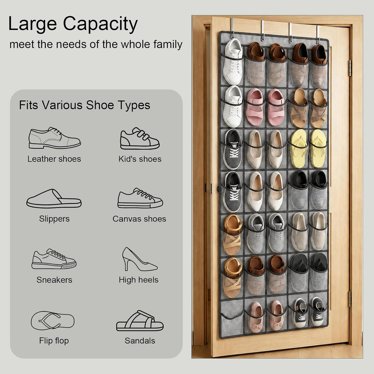 35 Pockets Over The Door Shoe Organizer, Large Breathable Mesh Hanging Shoe Rack with 4 Metal Hooks, Space Saving Gray Over Door Shoe Storage Holder Mesh Bag for Closet Entryway Bedroom Pantry