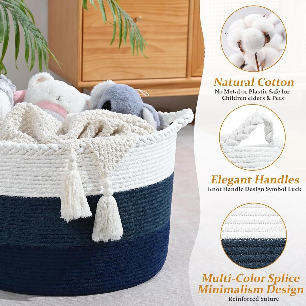 Large Woven Blanket Basket, 67L Cotton Rope Laundry Basket