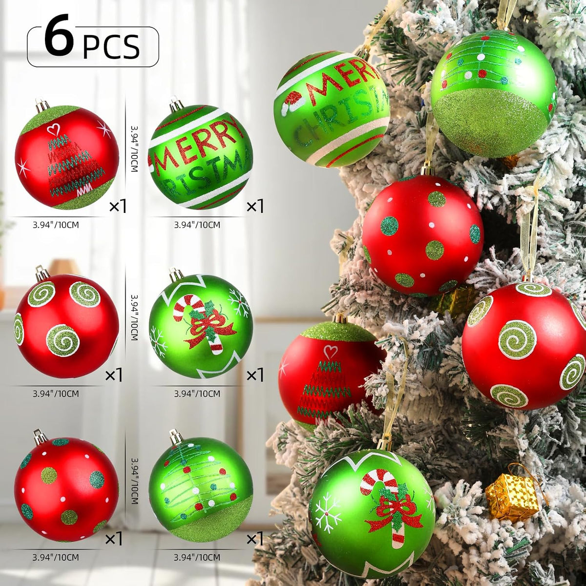 Lanpn 6Pcs 4" Large Outdoor Christmas Ornaments, Xmas Tree Elf Swirl Ball Decoration, Big Red Green Christmas Ornament, Giant Glittering String Ball Plastic Hanging Decor for Lawn Yard Holiday Party