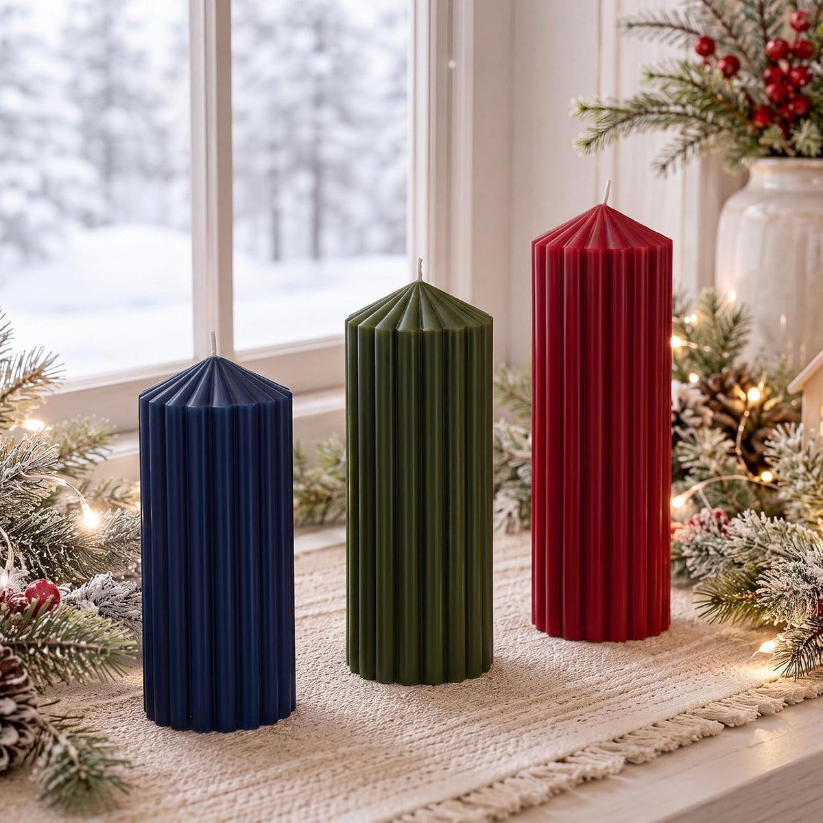 Mtlee 3 Pack Christmas Ribbed Pillar Candles Soy Wax Ribbed Candle