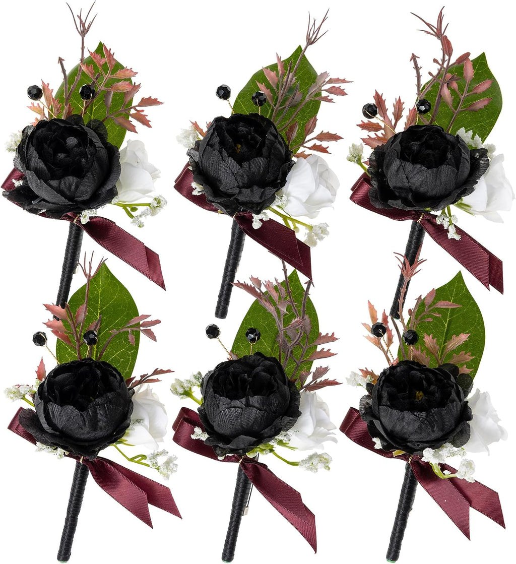Fnize Boutonniere for Men Set of 6 Groom Groomsmen Wedding, Black & White