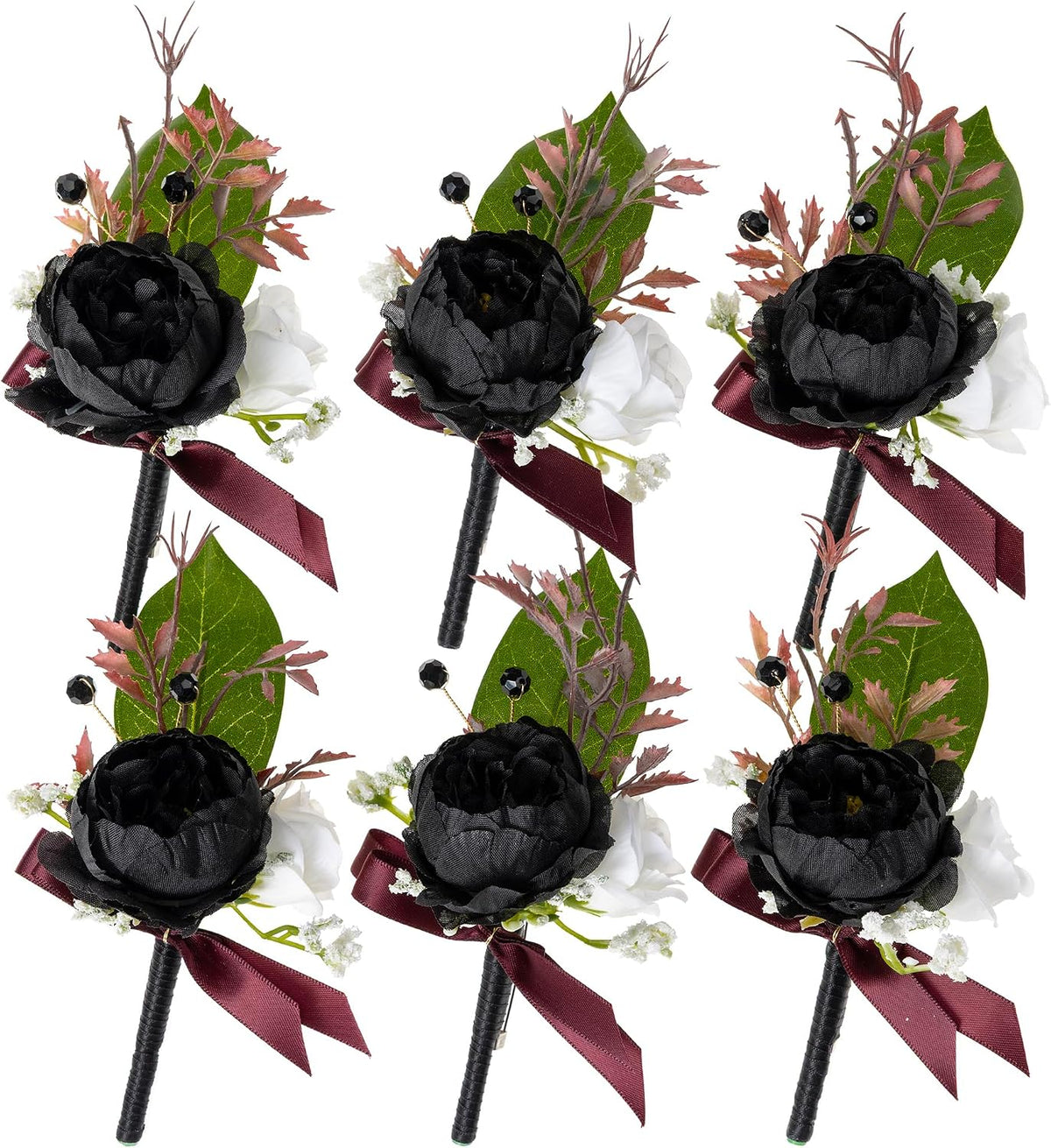 Fnize Boutonniere for Men Set of 6 Groom Groomsmen Wedding, Black & White