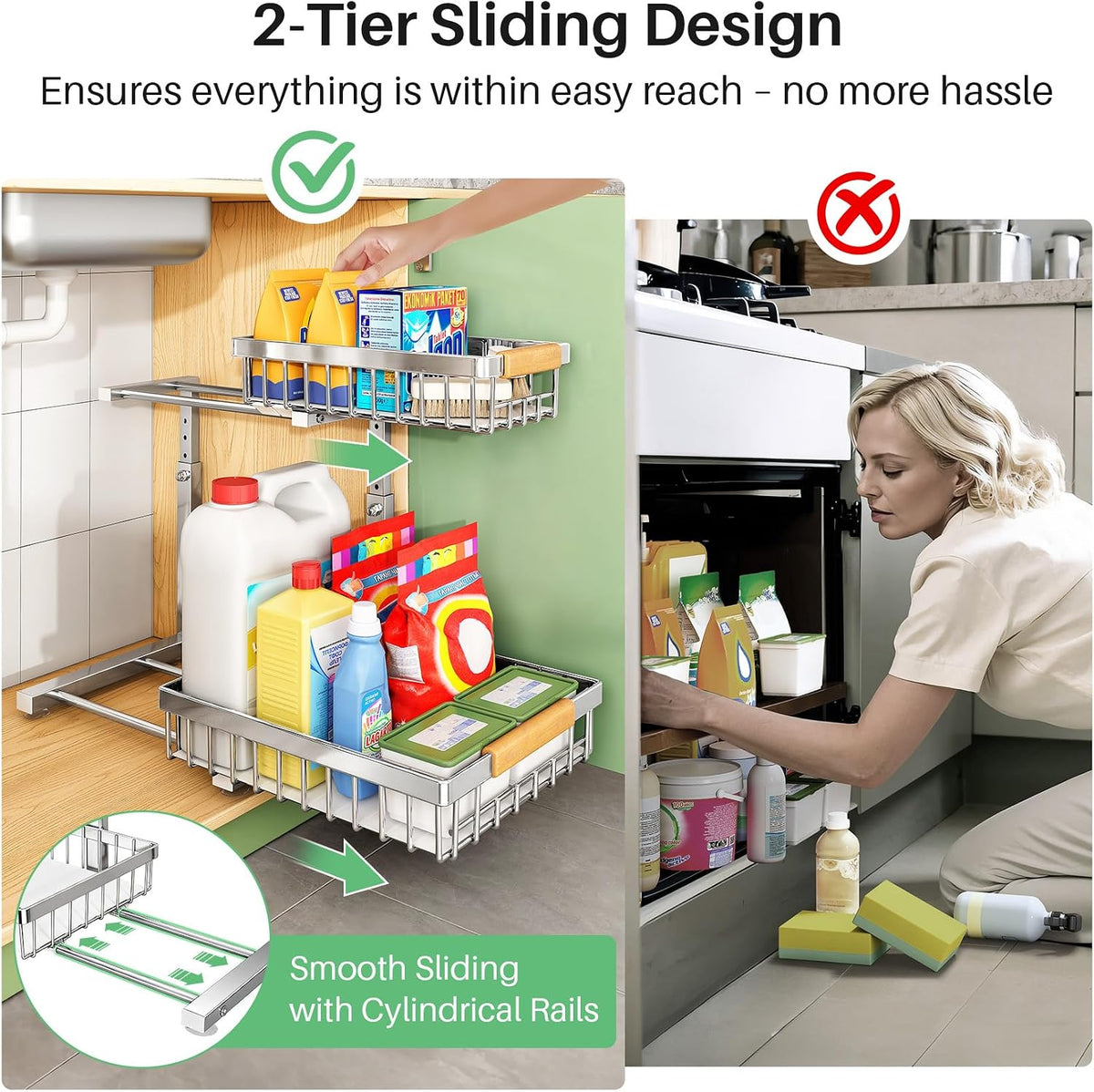 Kitstorack Under Sink Organizer, 2 Tier Under the Sink Storage, Slide out Pull out Cabinet Organizer Shelf, Metal Sliding Drawer for Kitchen Bathroom Pantry Closet Organization Rack, Silver, 1 Pack