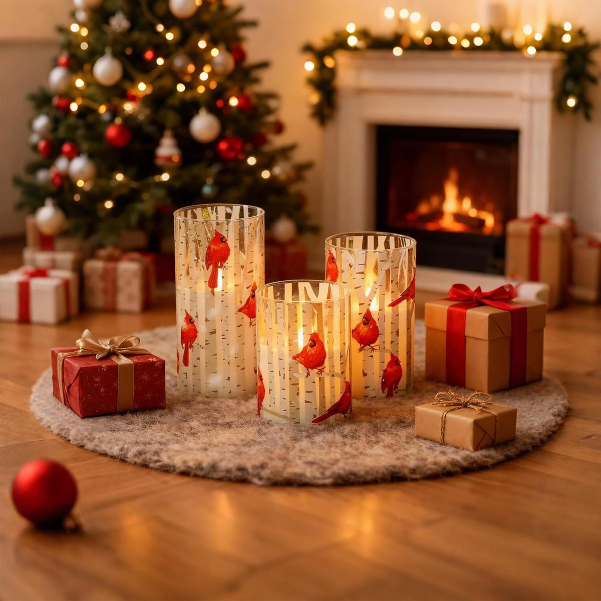 Cardinal Flameless Candles with Remote and Timer, 3 Pack Real Wax LED Glass Pillar Candles Battery Operated Flickering 3D Wick Red Bird Candles for Christmas Holiday Home Decor (3”x4”5”6”)