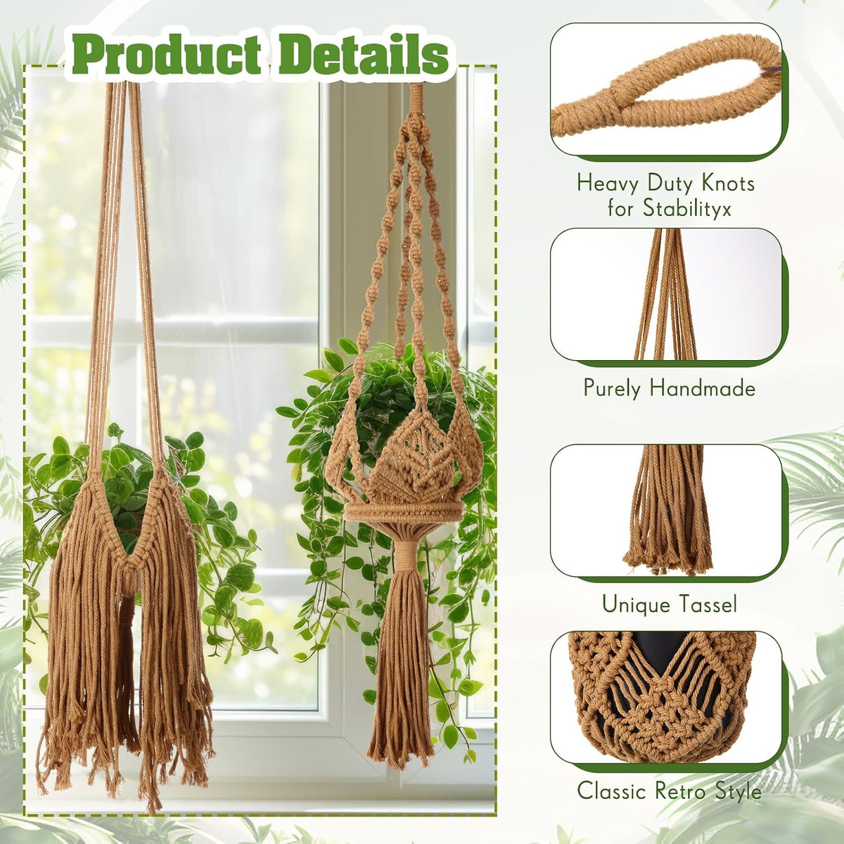 4 Packs Macrame Plant Hangers Indoor Hanging Planters, Brown
