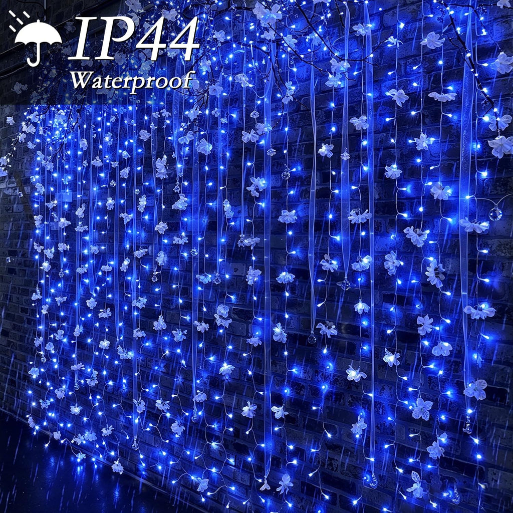 300 LED Blue Curtain String Lights 9.8x9.8FT, Plug in Fairy Lights with 9 Hooks, Dimmable Timer 8 Modes, IP44 Waterproof, Ocean Starry Boys Bedroom Wall Christmas Party Window Indoor Decor
