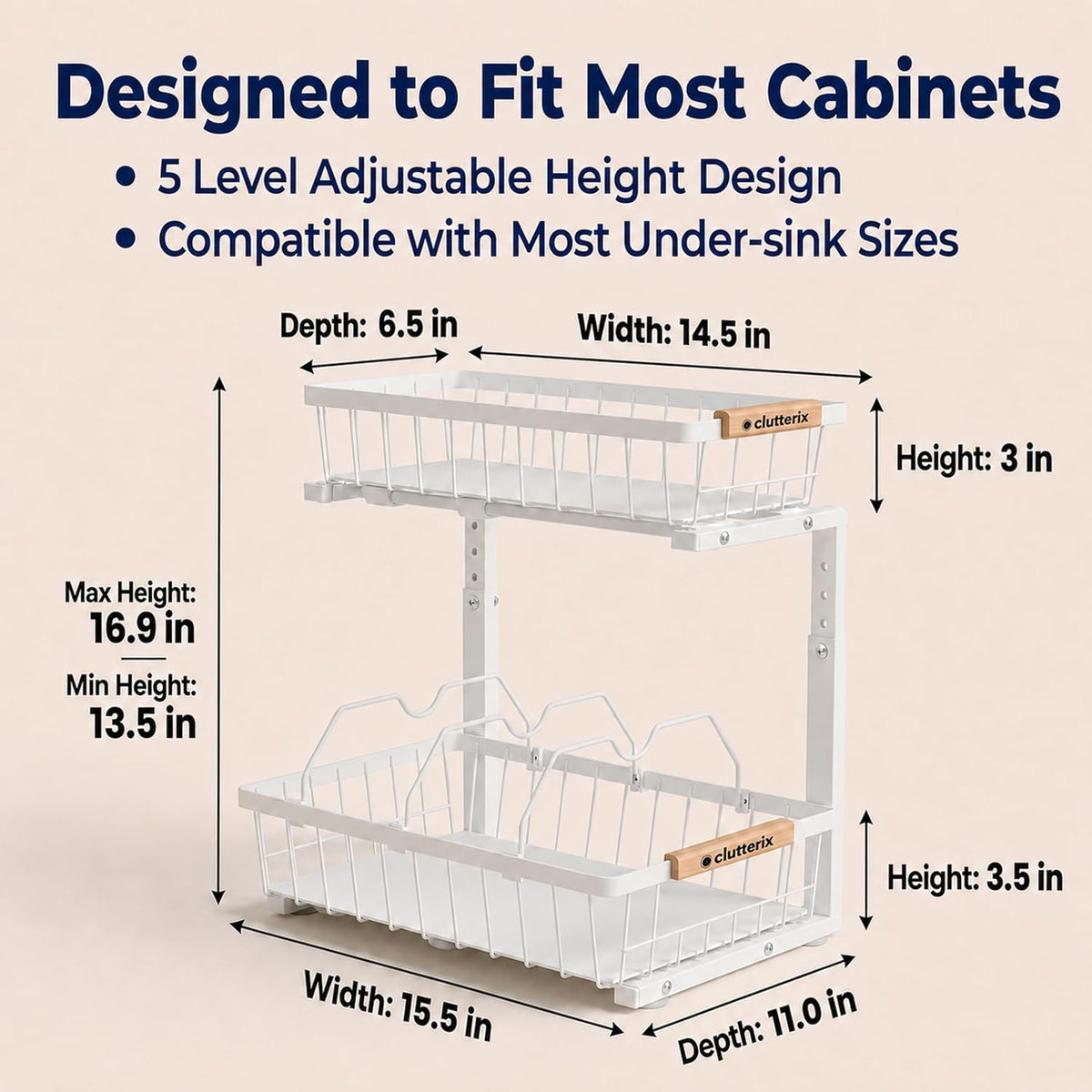 Under Kitchen Sink Organizer with LED Lights, 2 Pack, 2-Tier