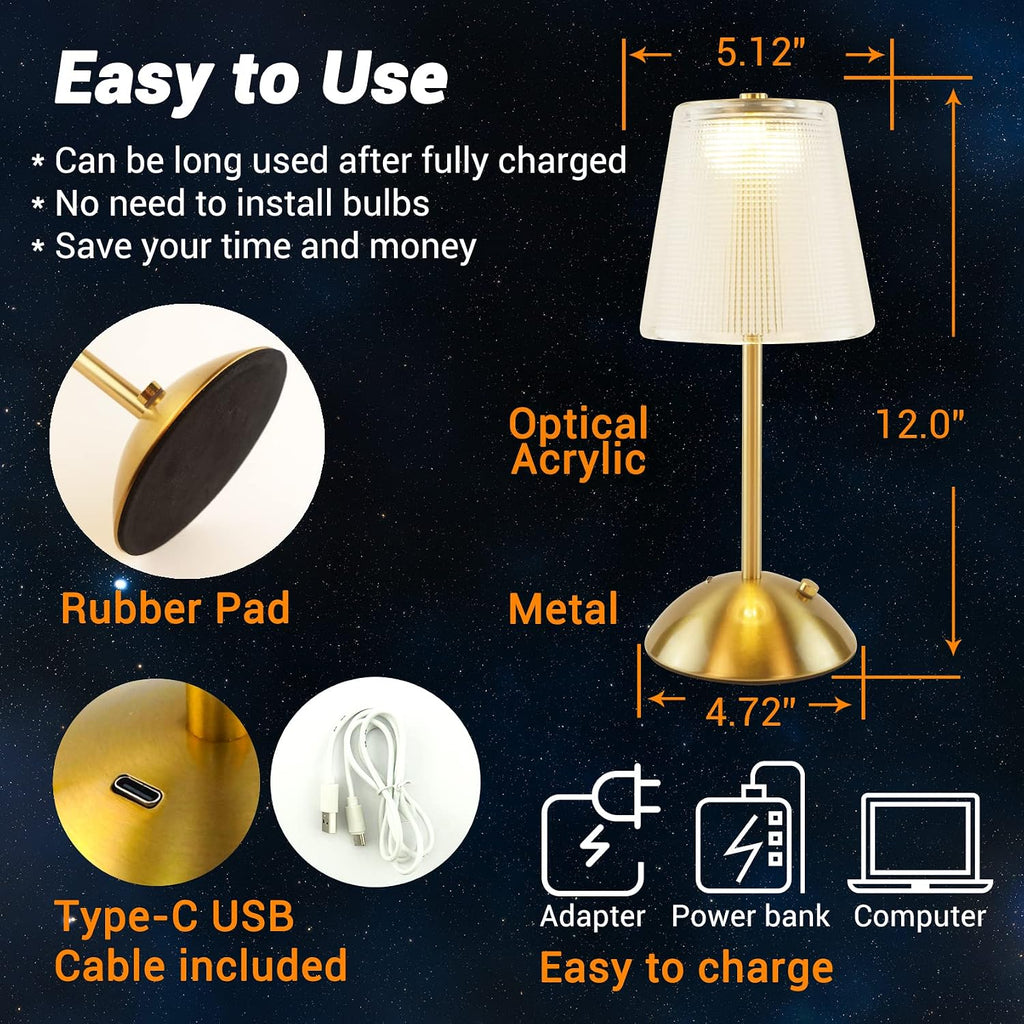 Cordless Rechargeable Metal Table Lamp, Cube Shade, Gold