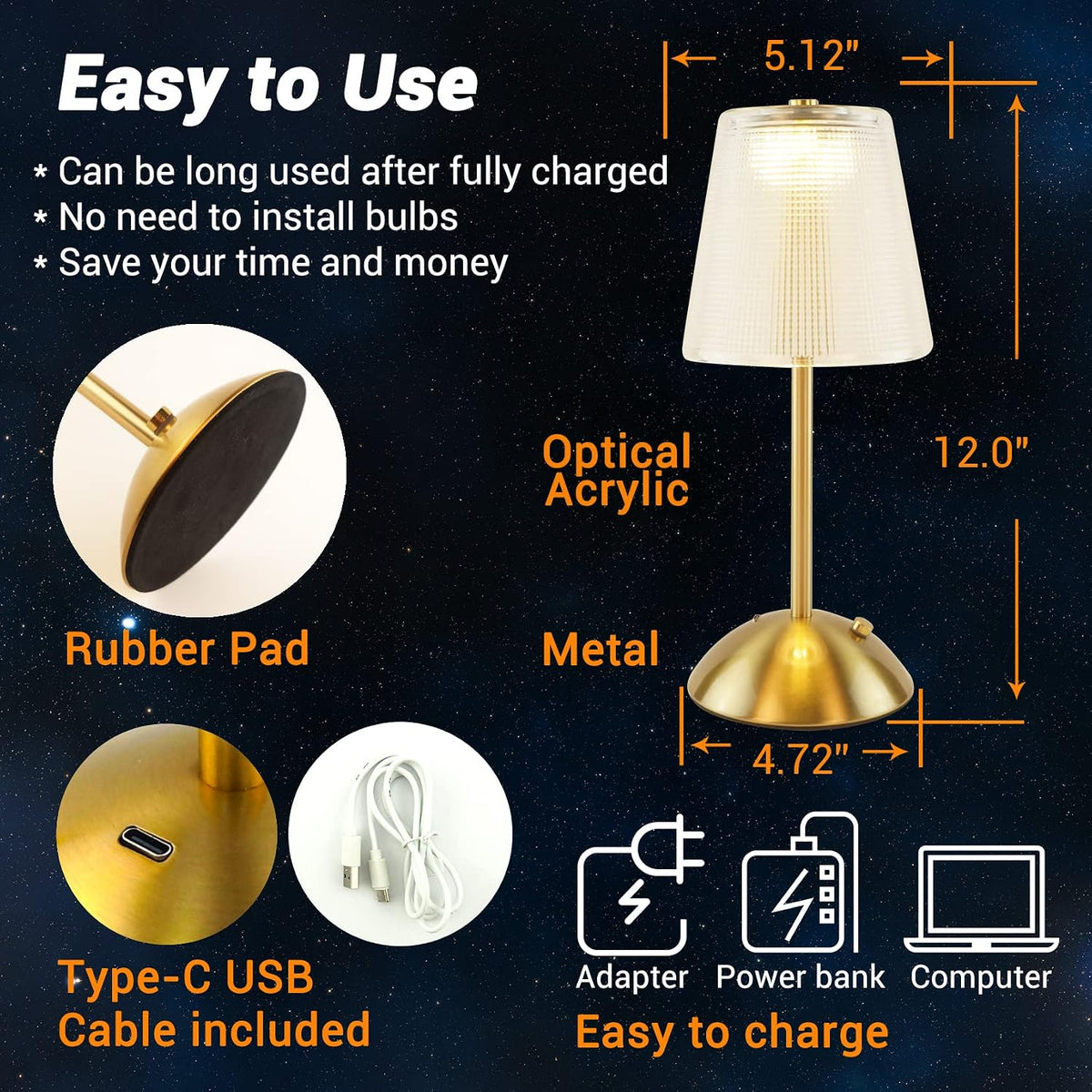 Cordless Rechargeable Metal Table Lamp, Cube Shade, Gold