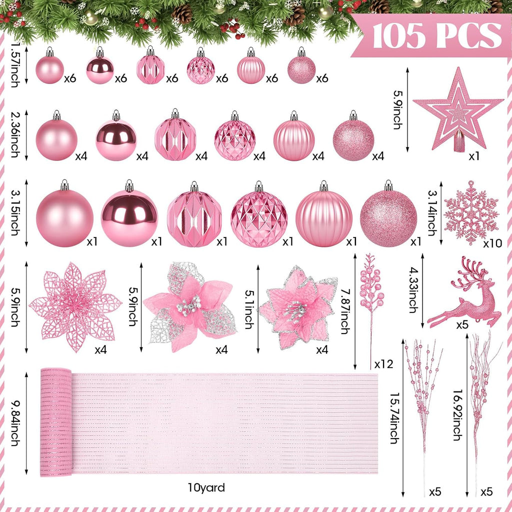 Ouddy Decor 105 Pcs Pink Christmas Tree Ball Ornaments Decorations Set