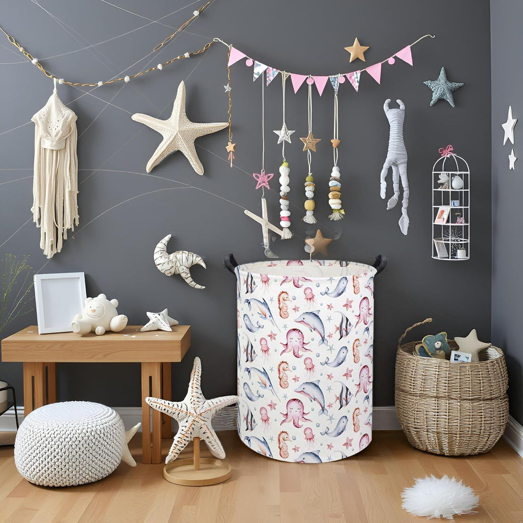 Baby Laundry Basket Baby Hamper for Nursery Girl Kids Ocean Hamper Cute Storage Bin Organizer Pink Room Decor for Home(Pink Ocean)