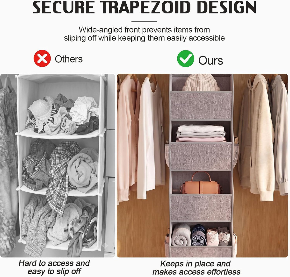 4-Shelf Hanging Closet Organizer, Wide Trapezoid Hanging Shelves with Side Mesh Pockets, Space-Saving Closet Storage Collapsible Fabric Storage Bins for Wardrobe, Heather Grey