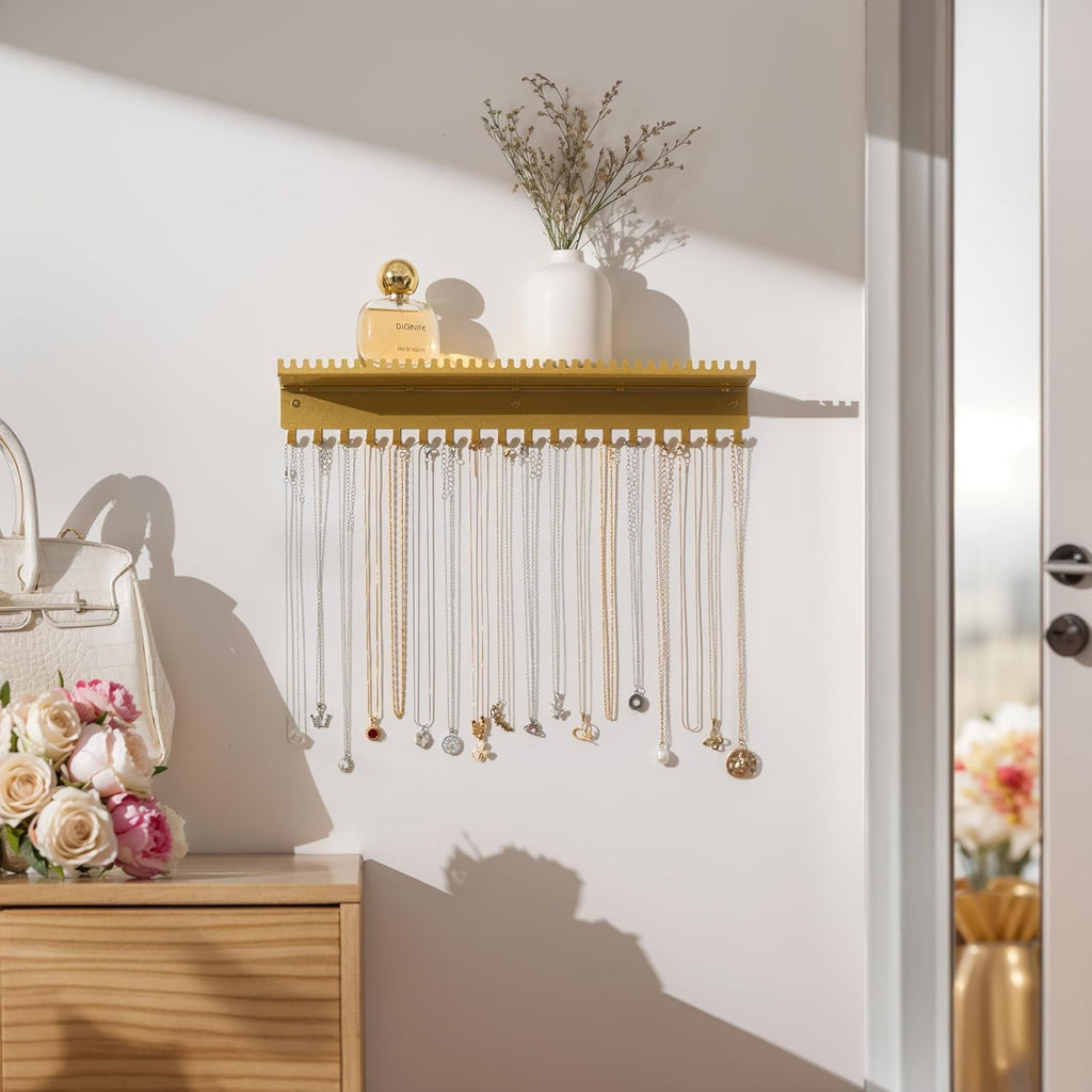 Wall Mounted Necklace Holder with Shelf, Wall Jewelry Organizer, Gold