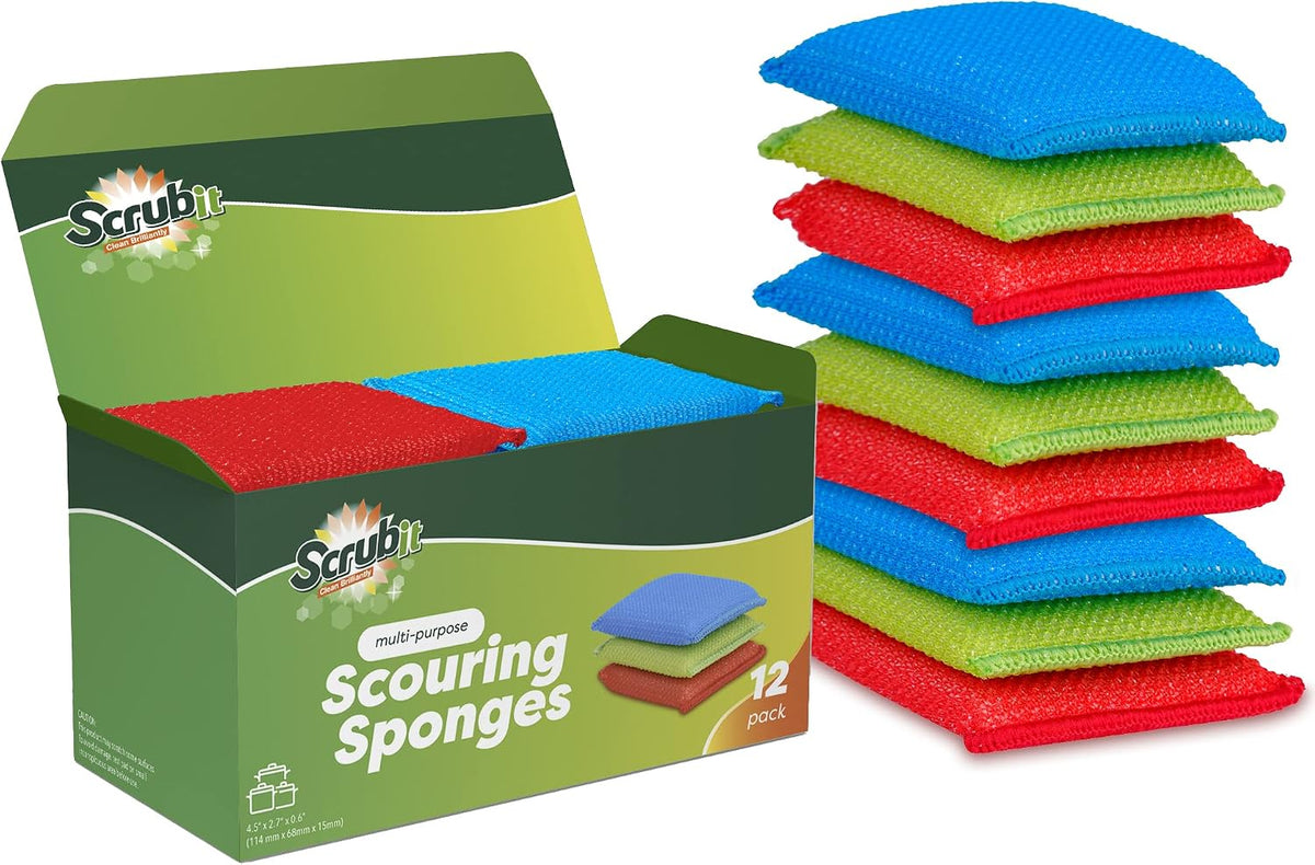 SCRUBIT Multi-Purpose Dish Scrub Sponge, Non Scratch Scouring Pads, Cleaning Sponges for pots & Dishes - Pot Scrubber Sponges for Kitchen & Bathroom - 12 Pack Dish Sponge (Blue,Red,Green)