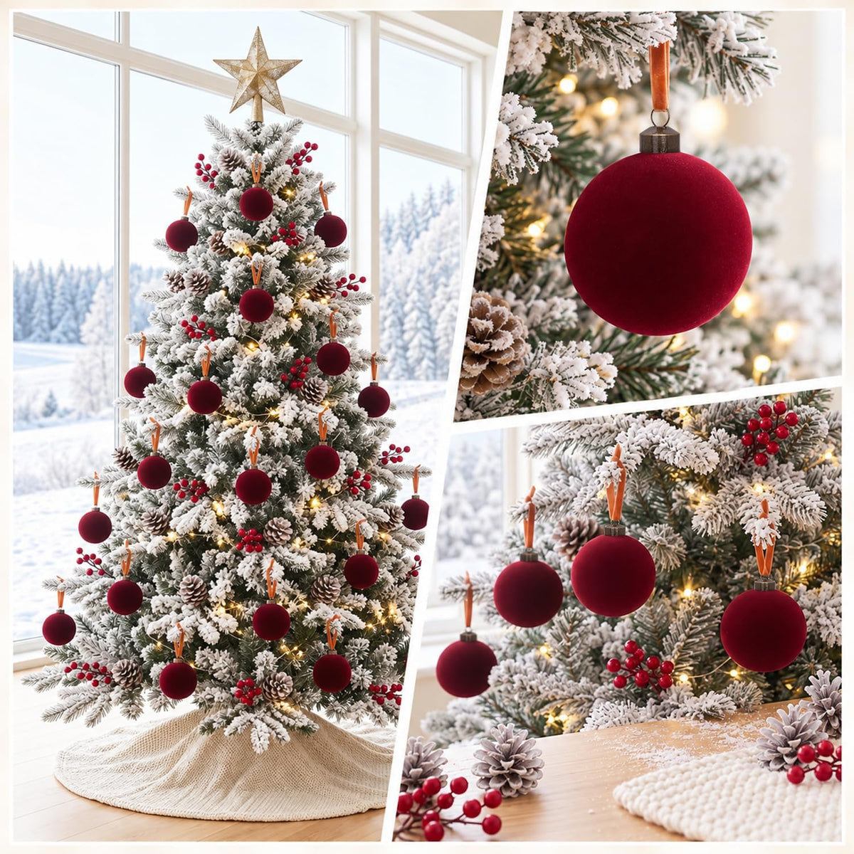 3.15" Burgundy Velvet Christmas Ball Ornaments Set, 16 pcs Flocked Red Xmas Tree Decoration, Large Shatterproof Decorative Hanging Balls for Party Holiday Wreath Garland Home Décor