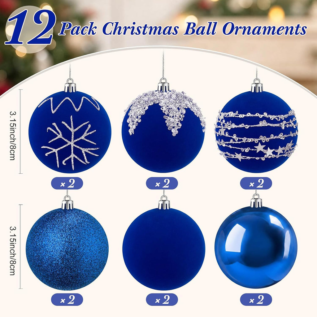 Syhood 12 Pcs Royal Blue Velvet Christmas Ball 3.15 Inch Flocked Ornament
