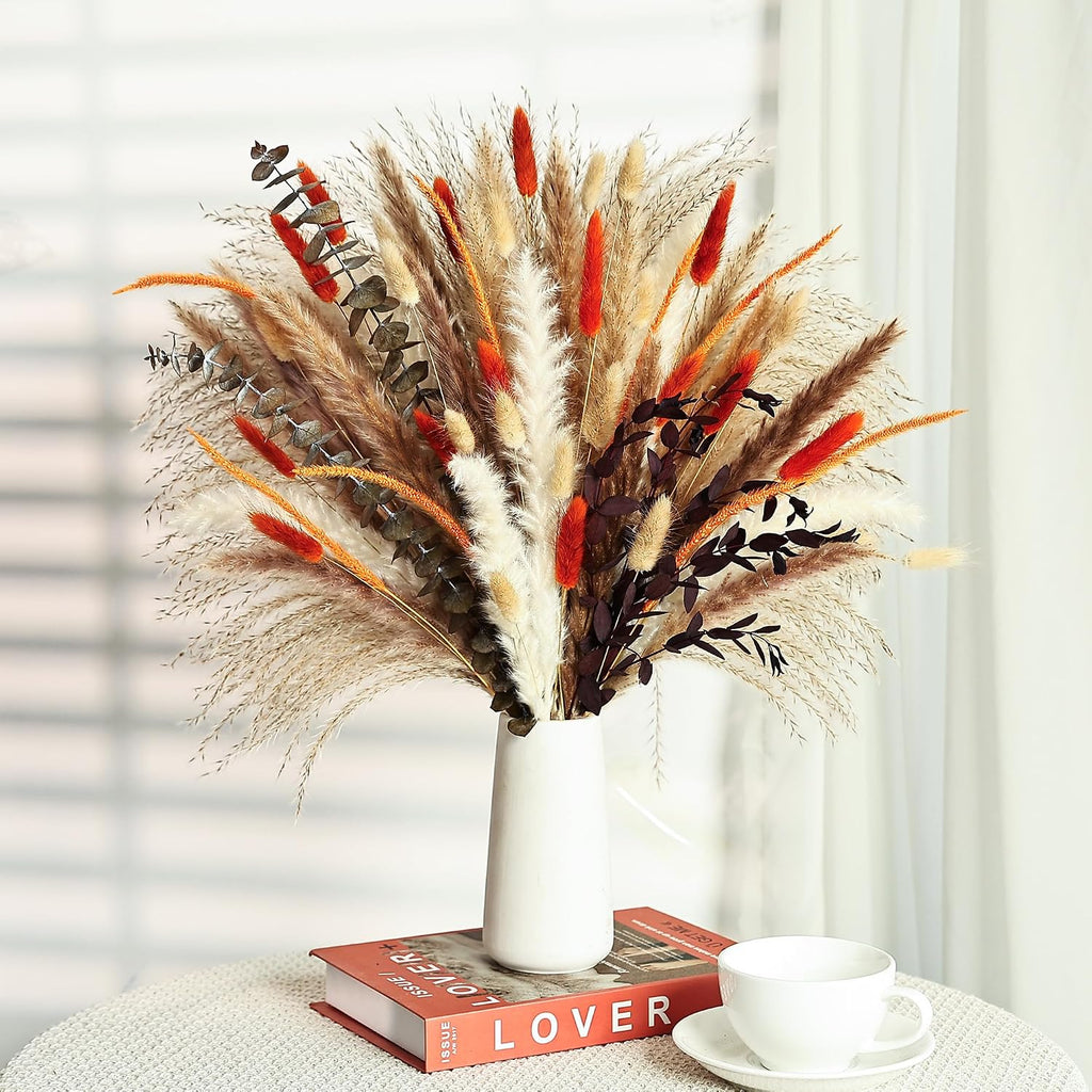 Burnt Orange Rustic Dried Flower Bouquet – Natural Pampas Grass, Eucalyptus & Bunny Tails in Farmhouse-Inspired Floral Arrangement for Home and Event Decor (Hearthlight Amber)