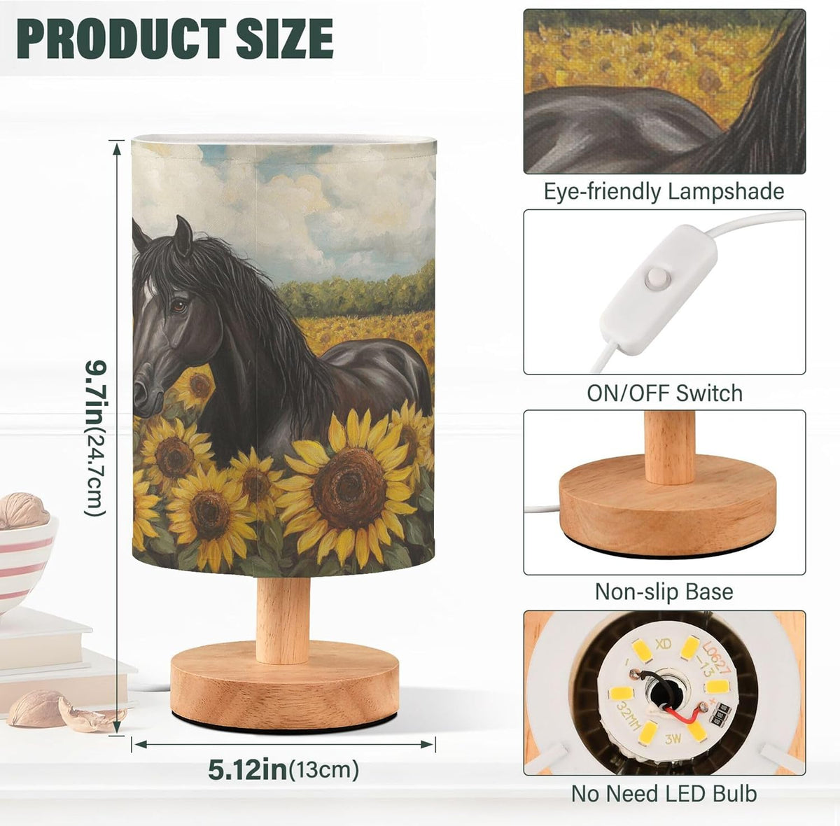 Horse in Sunflower Field Table Lamp with Wood Base Fabric Lamp Shade Bedside Nightstand Desk Lamp for Living Room Bedroom Kids Room Office
