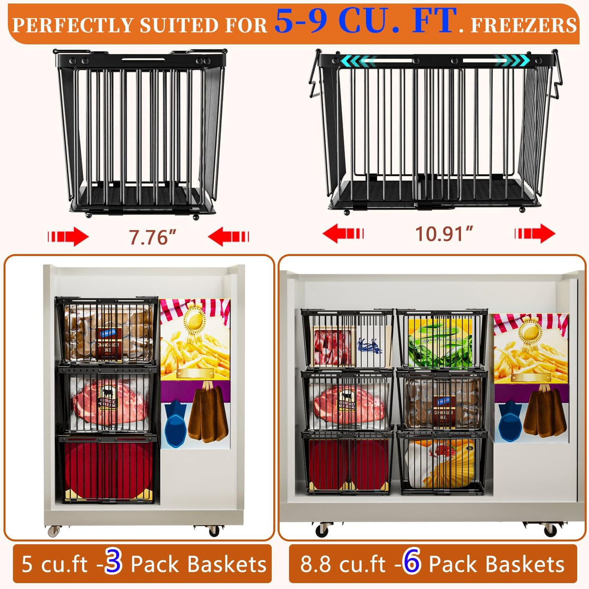 Large Freezer Organizer Bins for 5 to 9 Cu.Ft,Leak-Proof Bottom，5Pack