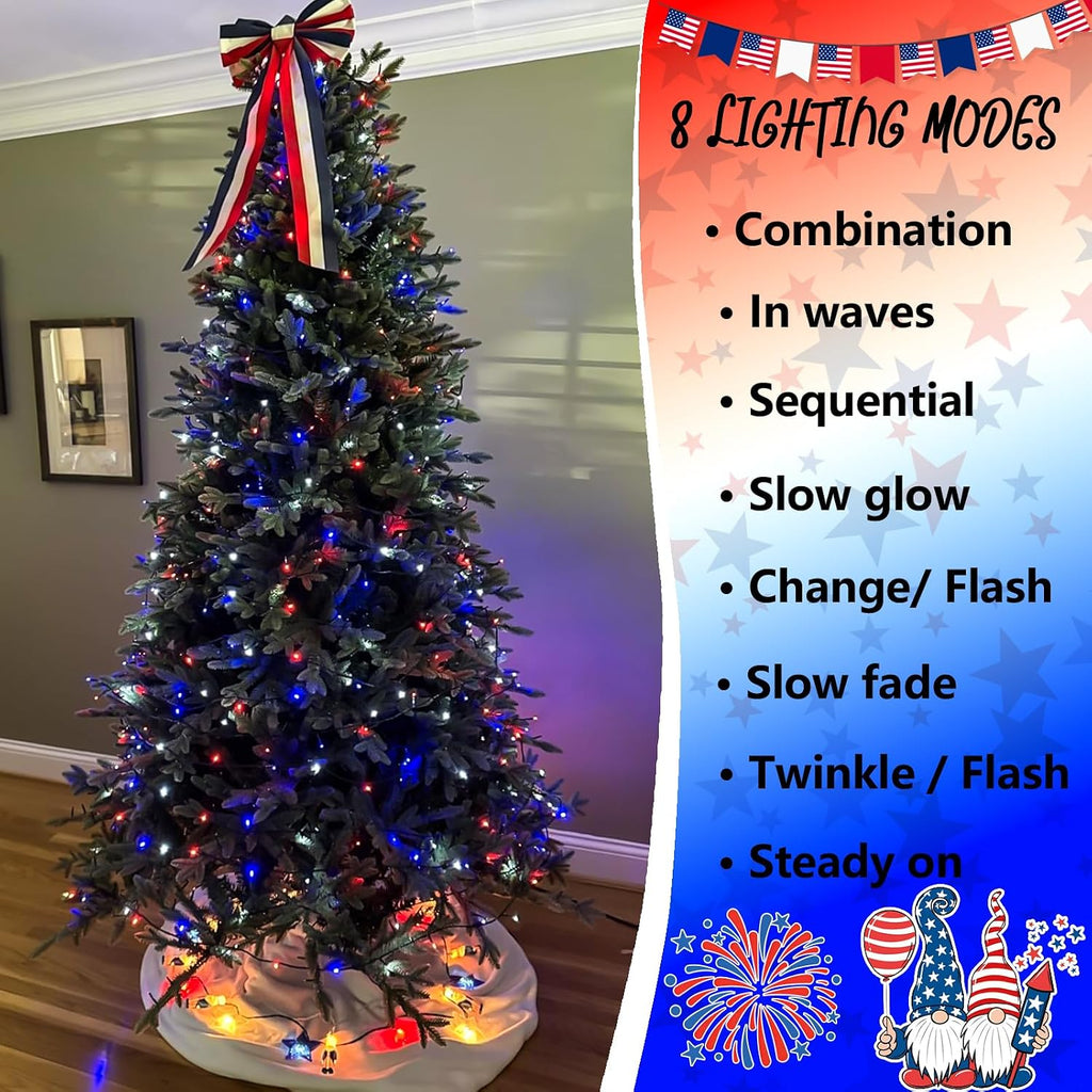 YEGUO 500 LED Red White and Blue String Lights Outdoor 4th of July Decorations - 165ft Patriotic Lights Plug in with 8 Modes for Memorial Independence Day Decor