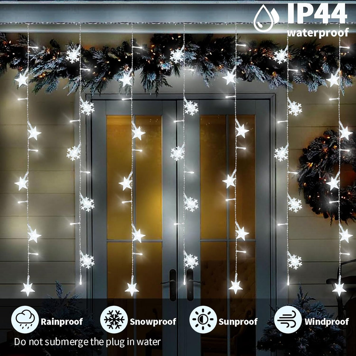 Newhale 8 Modes Christmas Curtain String Lights with Snowflake and Star, USB Plug in Wall Lights Christmas Decorations Indoor, Xmas Window Light Decor, White