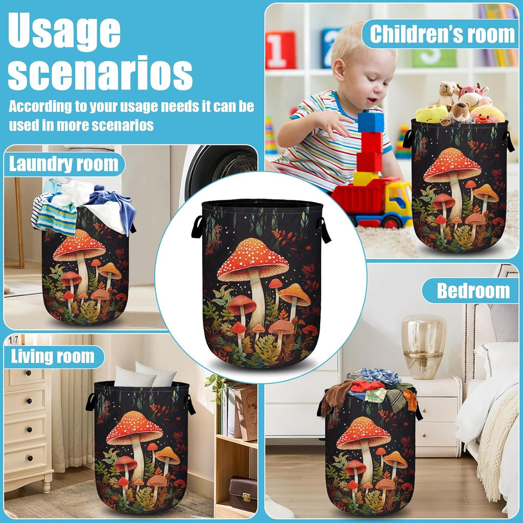 Mushrooms Forest Laundry Basket, Laundry Hamper Collapsible Oxford Cloth with Handle Clothes Storage Bin for Bathroom Laundry Room Bedroom 15.7 X 20 Inch