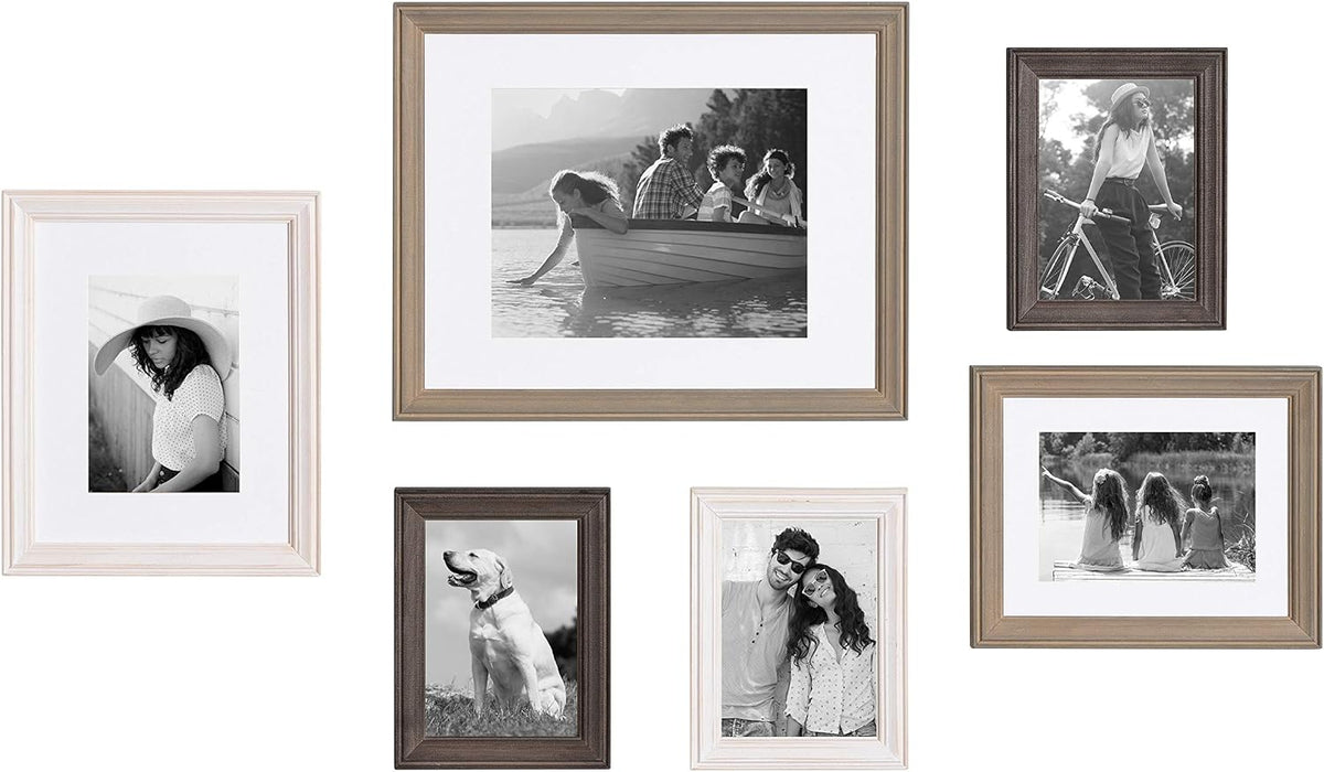 Kate and Laurel Bordeaux Gallery Frame Wall Kit, Set of 6 with Assorted Size Frames in 3 Different Finishes - Whitewash, Charcoal Gray, and Rustic Gray