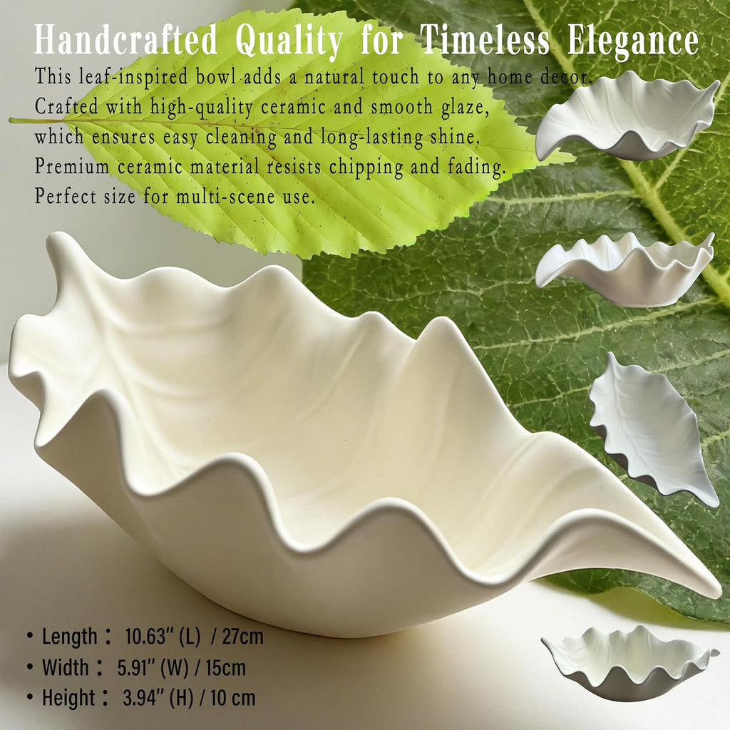 Premium 10.63'' Leaf Shaped Ceramic Bowl-Artisan Serving Decor Bowl,Fruit,Salad,Bread,Snack,key Bowl, Modern Farmhouse Dining Table Centerpiece, Kitchen Counter, Home Livingroom Decor-Birthday Gift