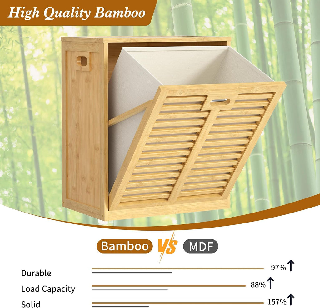 VASMIA Tilt Out Laundry Hamper, Bamboo Laundry Cabinet with Hidden Removable Basket,Dirty Clothes Storage Organizer for Bedroom, Bathroom, Living Room, Natural
