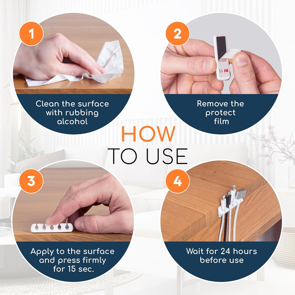 Cord Organizer for Desk, Nightstand Cable Holder, 5 Pack, Multislot, White