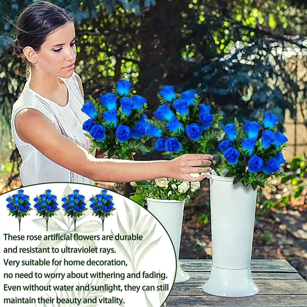 Artificial Rose Flowers Bouquet Realistic Silk Rose Fake Flowers for Wedding Home Centerpieces Party Cemetery Grave Decoration (4 Bouquets, Blue)