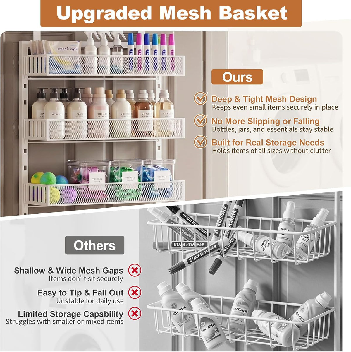 Over the Door Pantry Organizer, 8-Tier Heavy-Duty Door Spice Rack with Mesh Baskets, Height Adjustable & Anti-Swing Design, Pantry Door Organizers and Storage for Kitchen, Bathroom