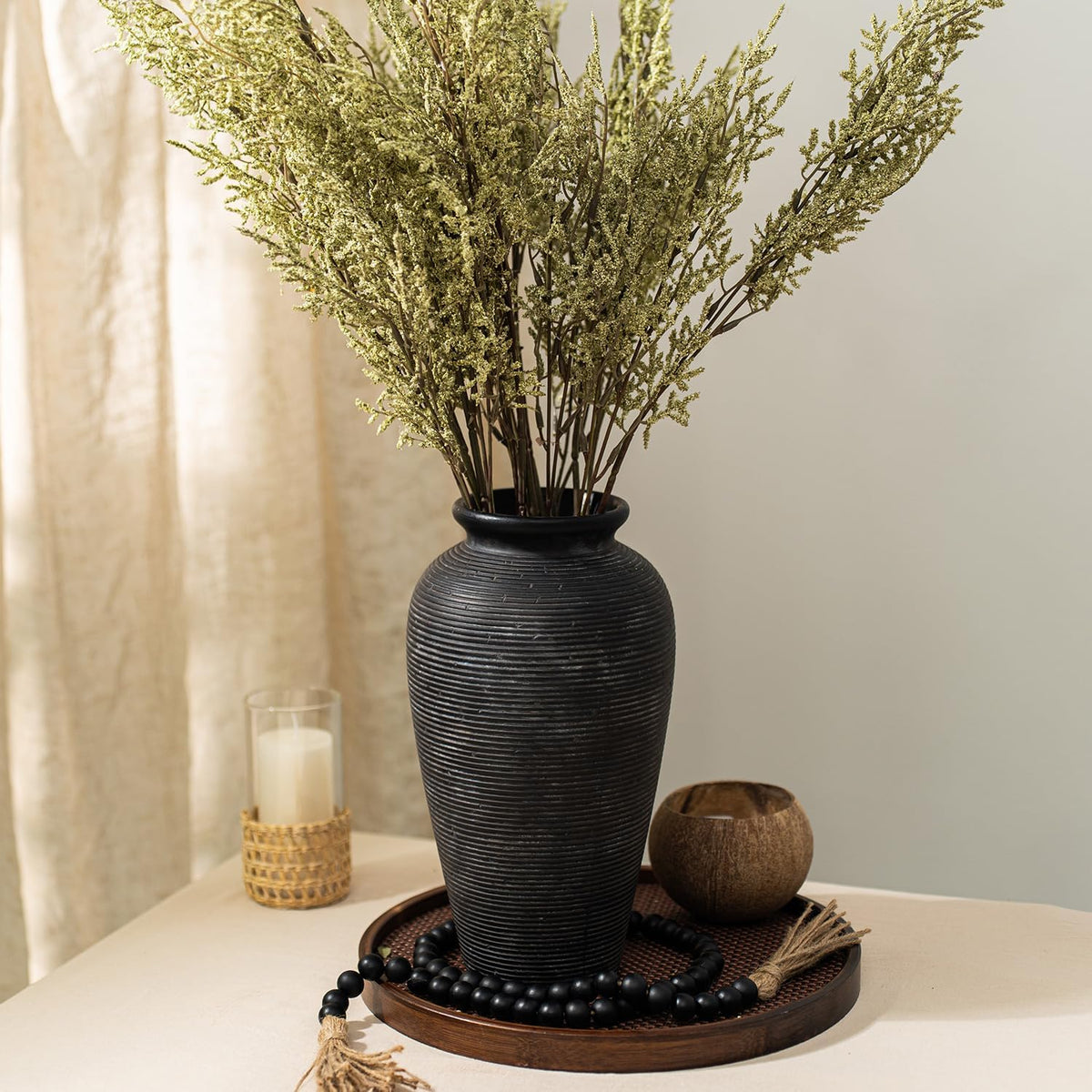 11.02 Inch Tall Vintage White Ceramic Flower Vase, Rustic Farmhouse Beige Stone Texture Vase for Home Decor, Decorative Terracotta Vase for Table Centerpiece Living Room Bathroom (Black-11.02'')