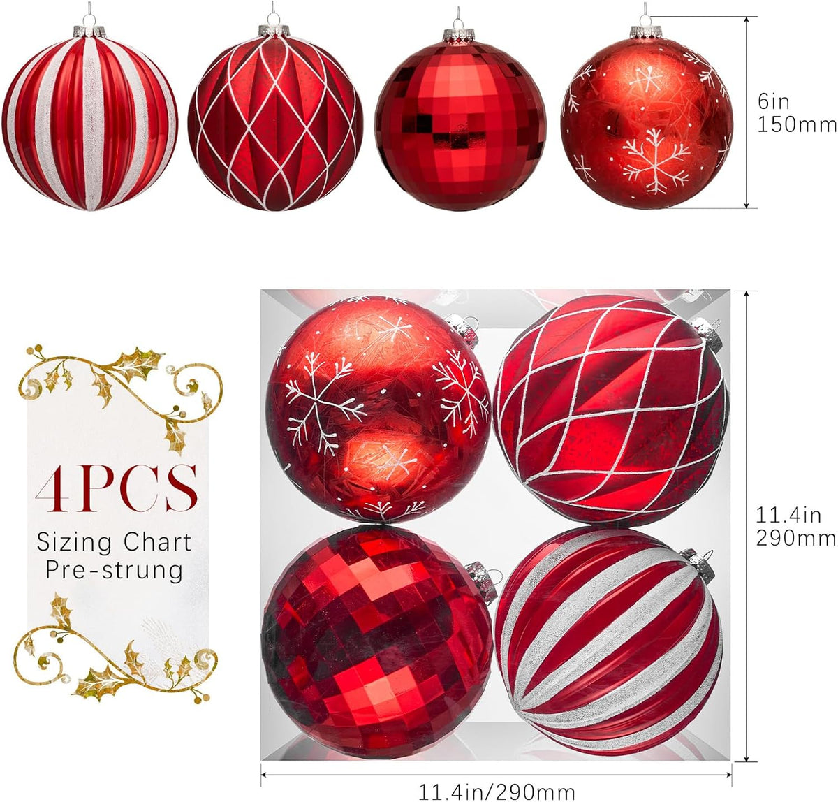 JORNOY Christmas Balls Ornaments Set, 6 inch/150mm Extra Large Shatterproof Plastic Hanging Bulbs for Xmas Tree Decorations Holiday Party with String, 4 Pack-Red&White