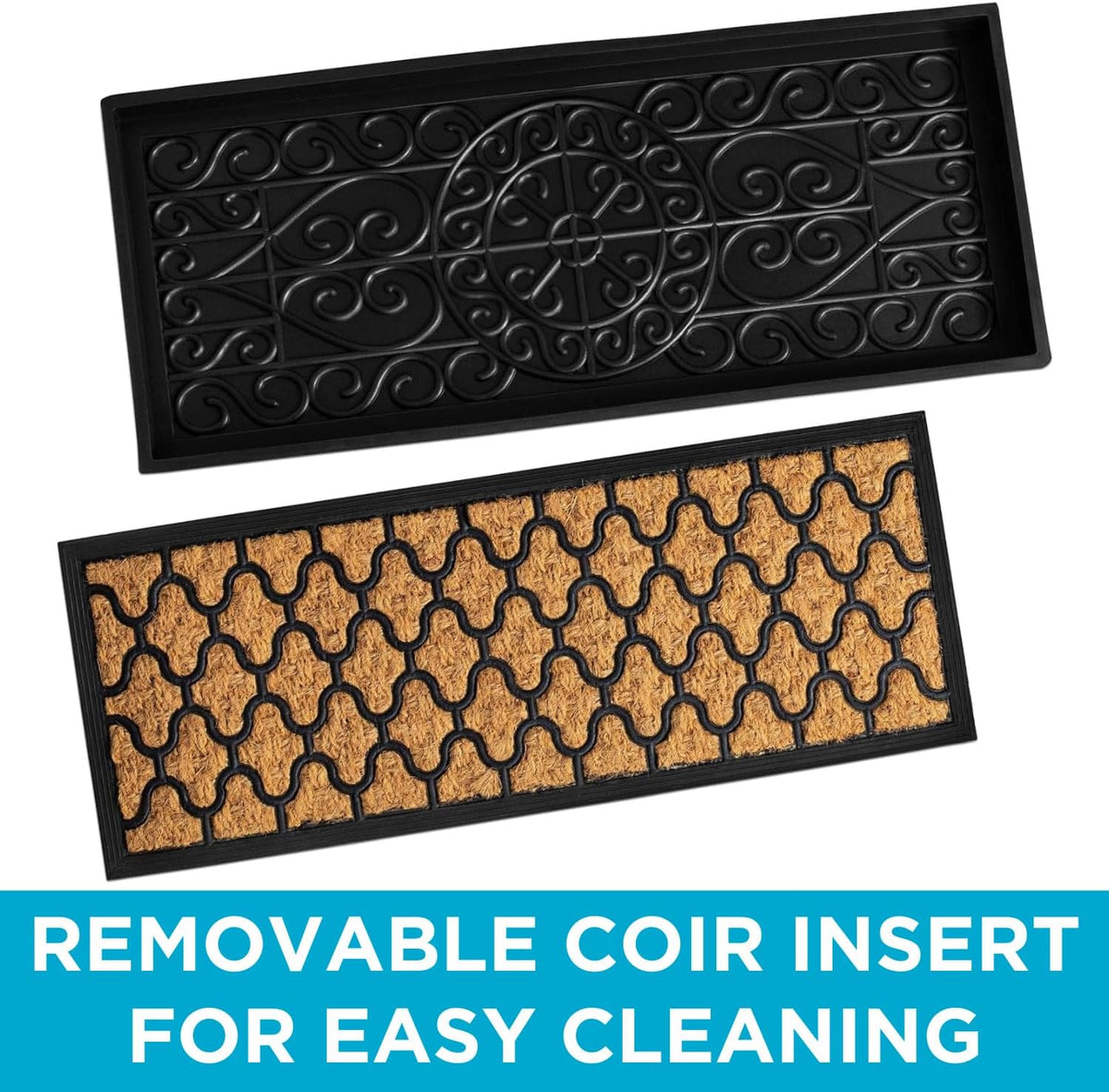 Rubber Boot & Shoe Tray | Coir Insert | 34" x 14" | Waterproof Shoe Tray for entryway | Trellis Pattern