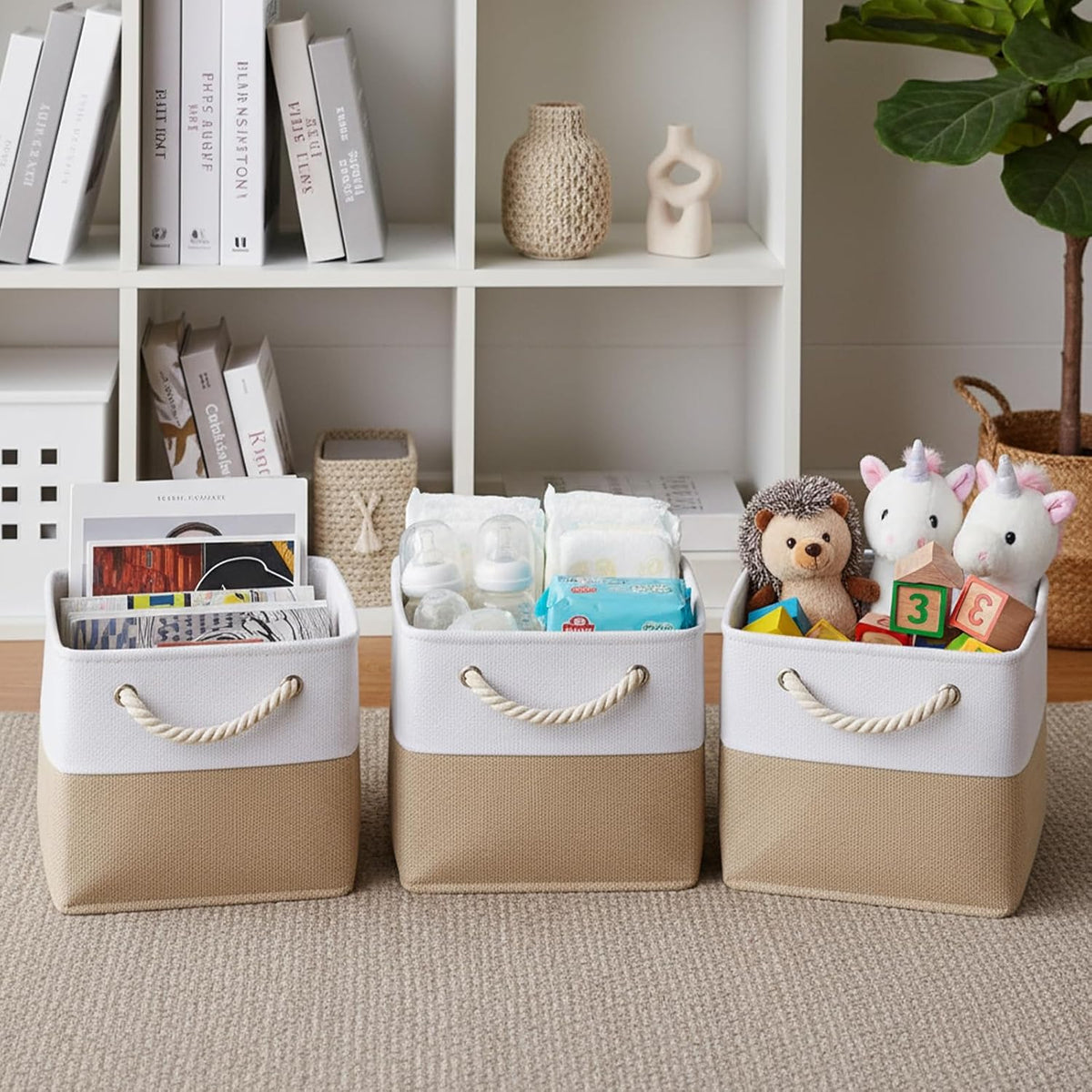 11 x 11 Inch Cube Storage Bins, 6 Pack Foldable Linen Organizer with Rope Handles for Home, Office, Closet, Clothes, Toys, White and Beige