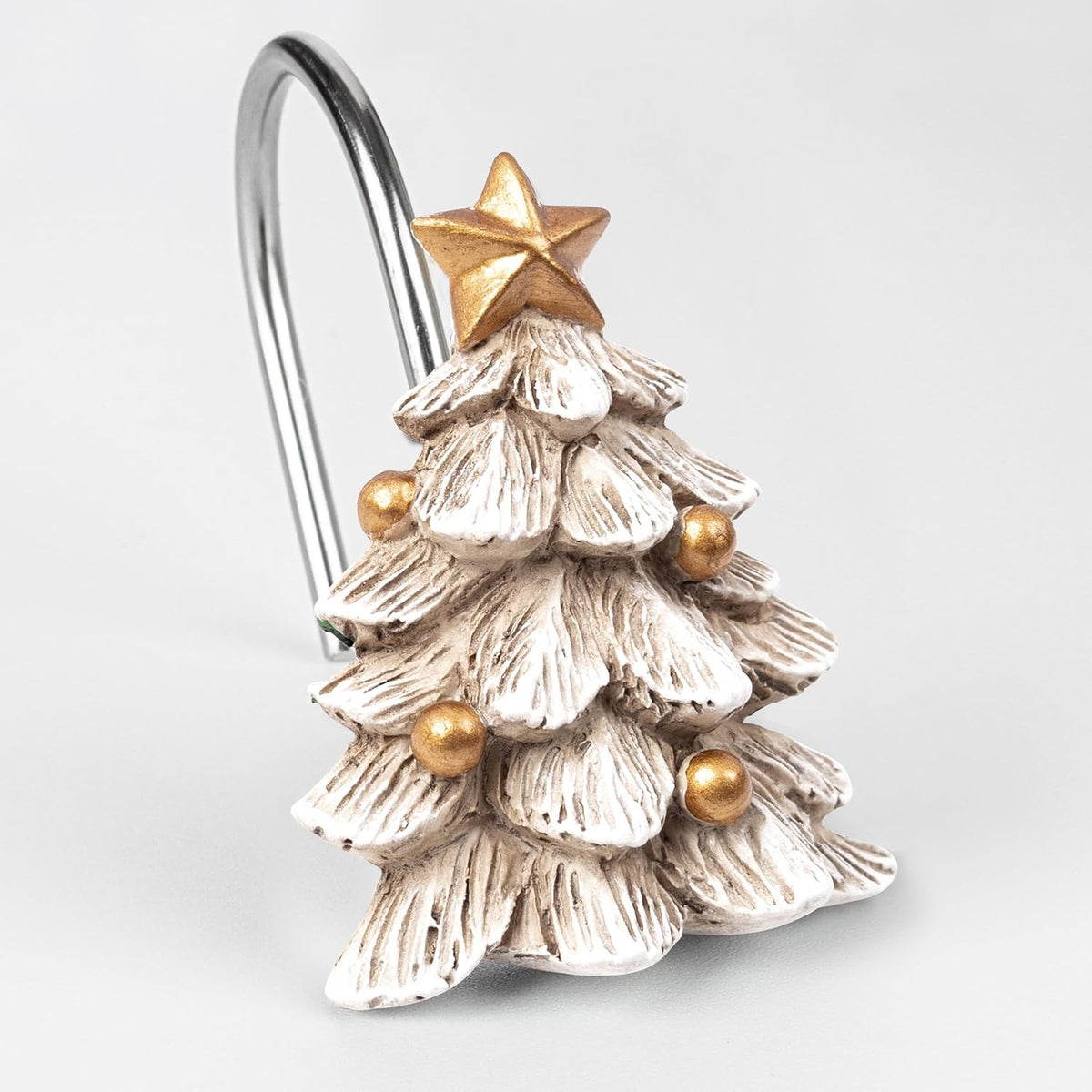 Sunlit Christmas Tree Decorative Shower Curtain Hooks with Star, Shower Curtain Rings, Resin, Xmas Theme Winter Holiday Bathroom Decoration, Set of 12, White Tree with Golden Balls Ornaments