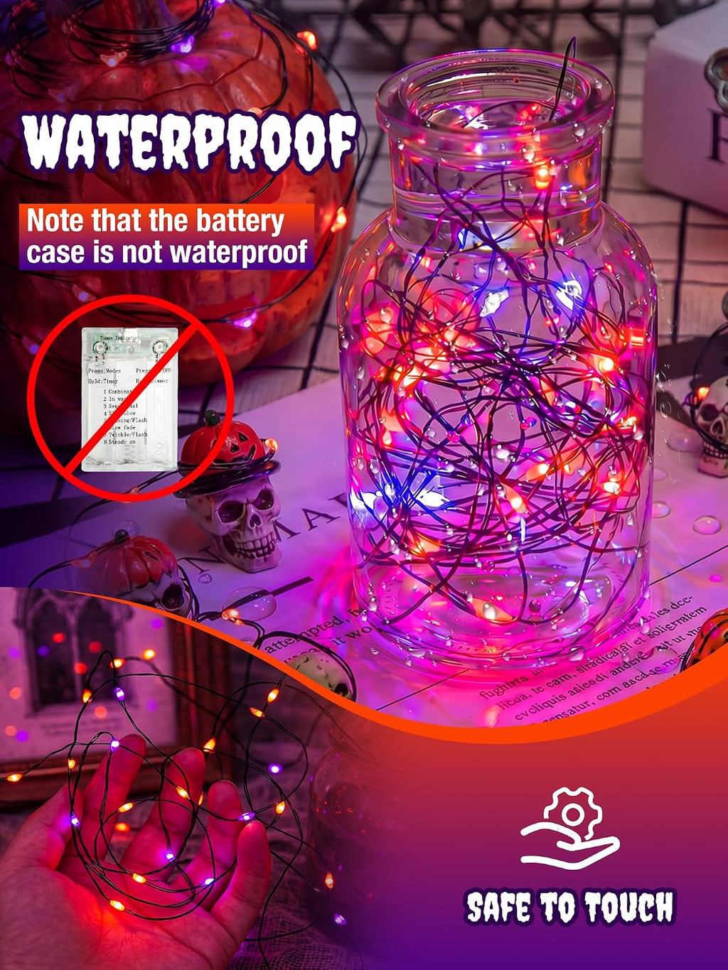 btfarm 2 Pack Halloween Fairy Lights Battery Operated Timer, Orange Purple