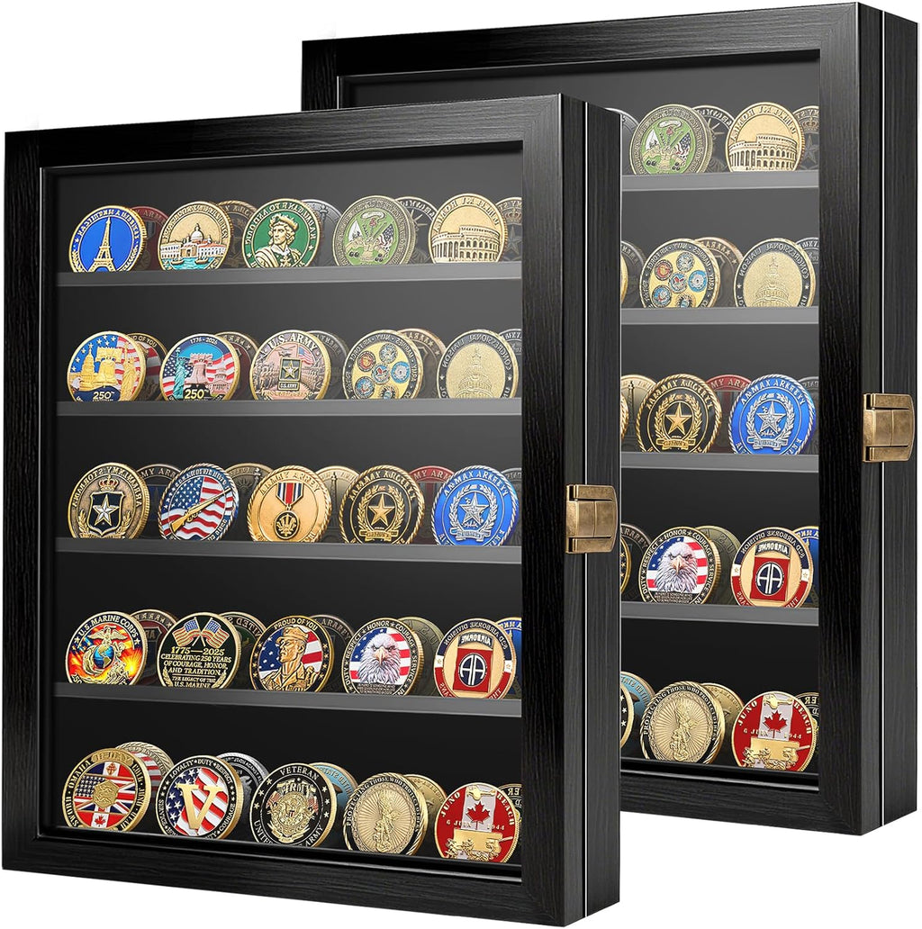 2Pcs Military Challenge Coin Display Case Wooden Shadow Box