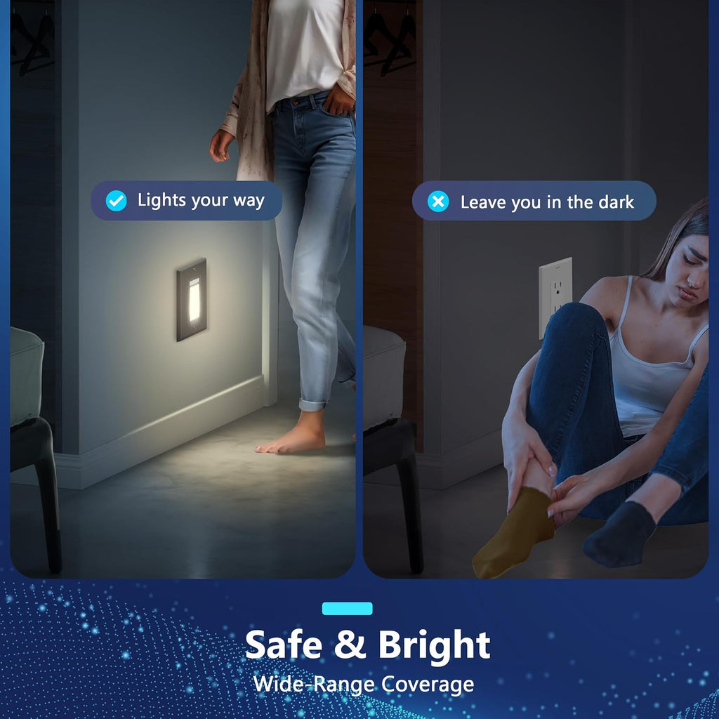 LIDER Full LED Guide Light with PIR Motion Sensor, in-Wall Night Light, Adjustable Time Delay & Daylight Sensor, 3000K Warm White, Wall Plate Included, UL Listed, Thermoplastic, Matte Black, 2-Pack
