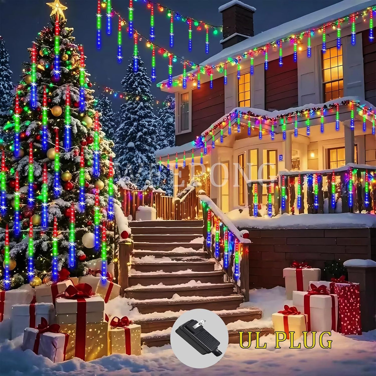 Weepong Meteor Shower Lights UL Certified 192LEDs 8 Tubes Falling Rain Drop Christmas Icicle Cascading Lights for Xmas Tree Halloween Decorations Wedding Party Holiday Garden Decor, Multicolor