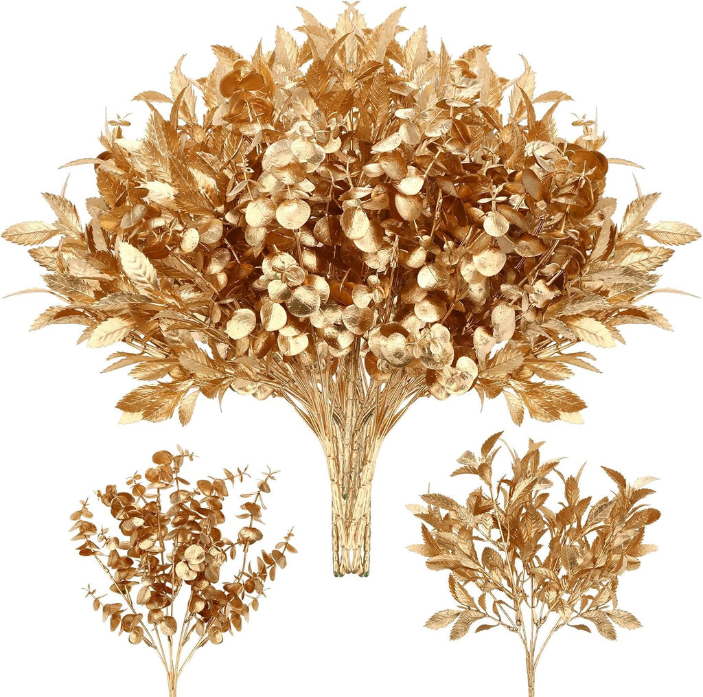 20 Pack Gold Artificial Plants for Christmas Artificial Eucalyptus Leaves