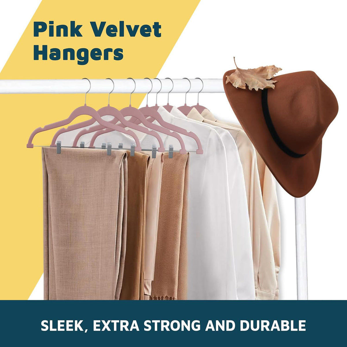 Lifemaster Velvet Pants Hangers – with Adjustable Clips, 360 Degree Swivel Hook, and Non-Slip Shoulder Notch, Holds Up to 10 lbs, for Organizing Skirt, Pants, Dress, and Clothes, Pack of 50, Pink