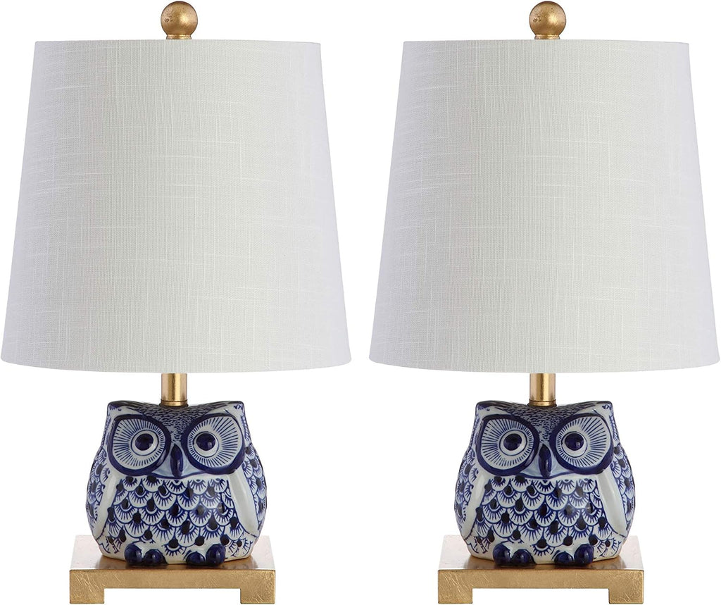JONATHAN Y Justina Owl Mini Table Lamp 16" Ceramic, Blue/White, Set of 2