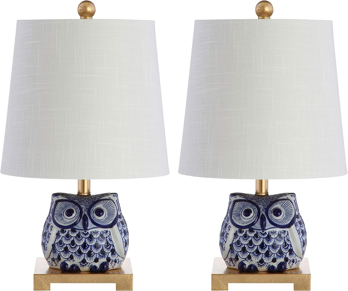 JONATHAN Y Justina Owl Mini Table Lamp 16" Ceramic, Blue/White, Set of 2